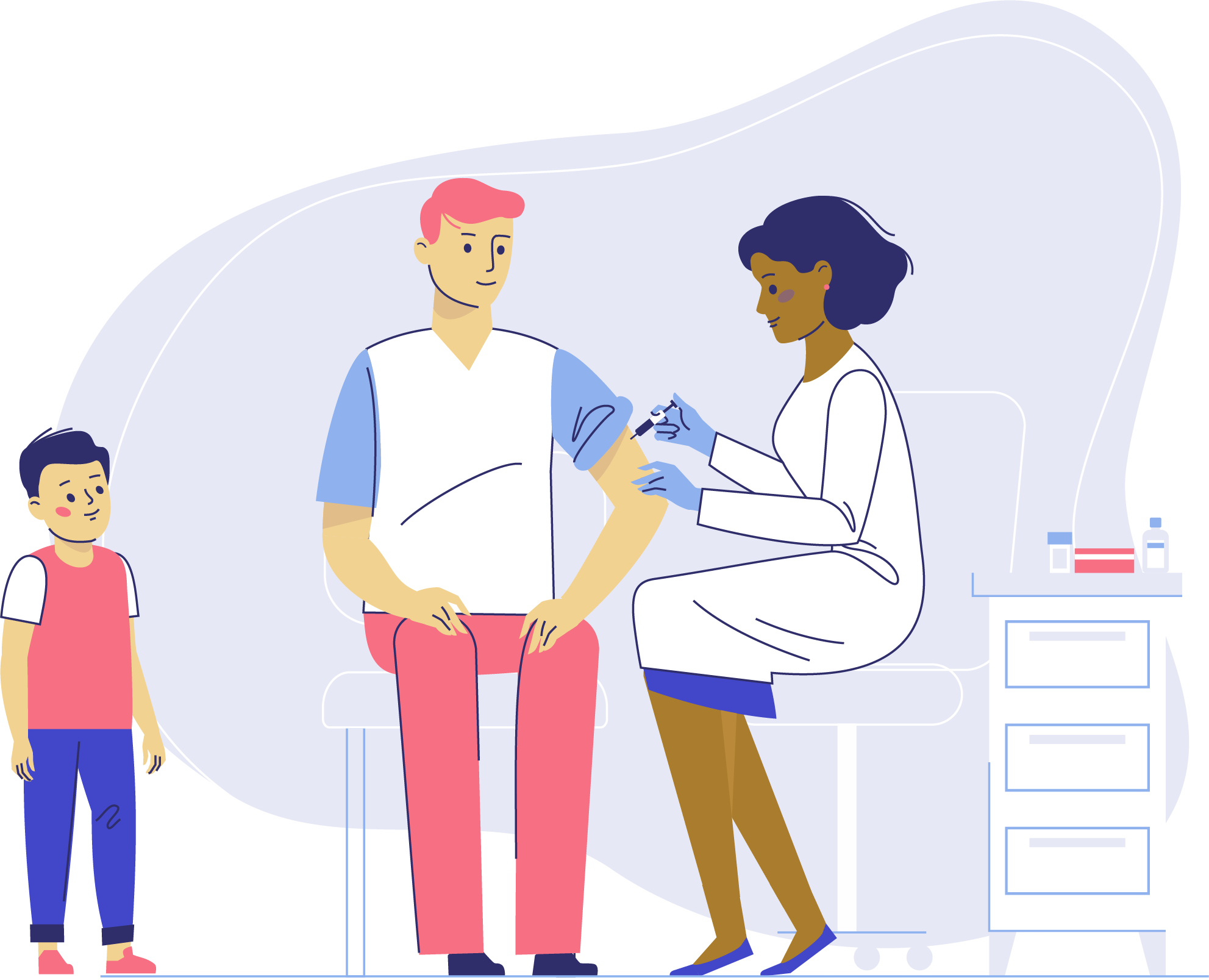 A man with his son in the doctor's office getting a COVID vaccine from the doctor
