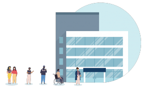 illustration of people waiting inline while socially distant for their vaccine
