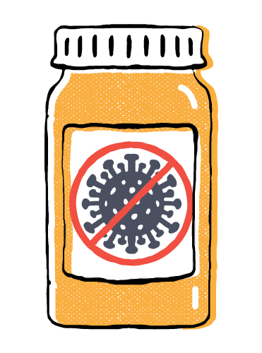 A medicine bottle with an illustration of the coronavirus surrounded by a red circle with a line through it